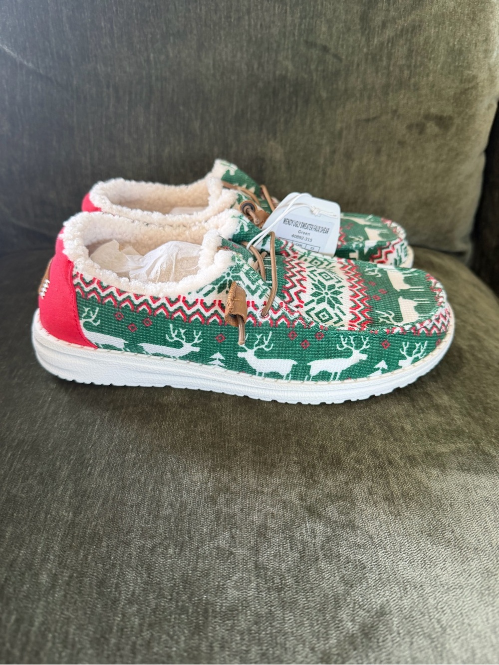 Hey Dude Green Red White Holiday Reindeer Knit Slip-Ons - Picture 3 of 6